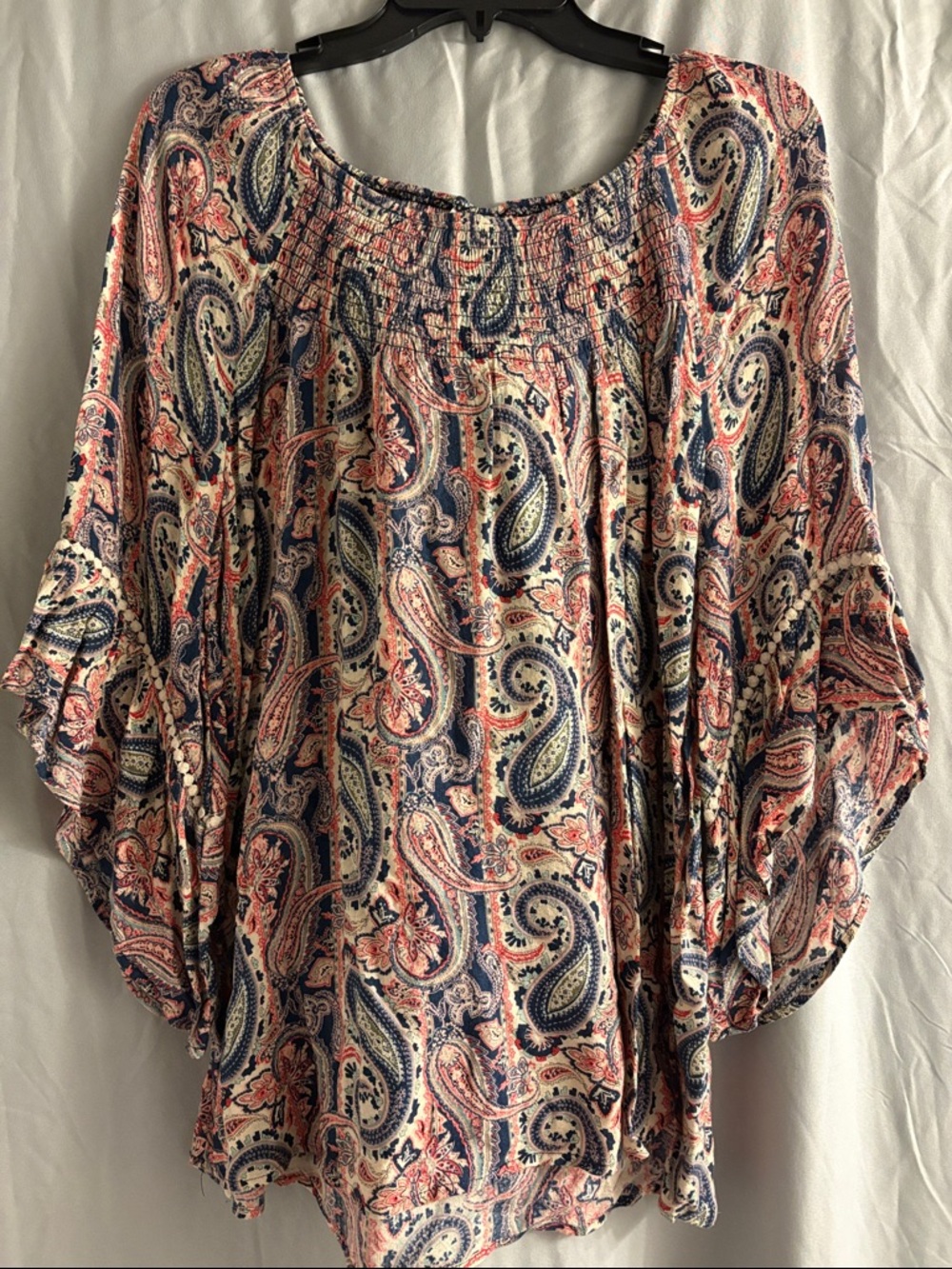 Bohemian Paisley Peasant Blouse in Navy and Coral
